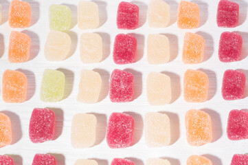 Macro photo of multi-colored marmalade jelly candy's. The sweetness of jelly candy. Different marmalade colorful fruit jelly sugar candies.
