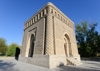 Diagonal view of Samanid Mausoleum in Bukhara, Uzbekistan. Early Islamic architecture in Asia. Square shaped structure built with brick / brickwork.