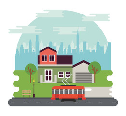 Obraz na płótnie Canvas city life megalopolis cityscape scene with house and trolley car