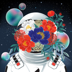 Vector illustration of the astronaut with floral decoration on the face on a background of planets. Design for picture frame, poster, brochure and science fiction  © Jung Suk hyun