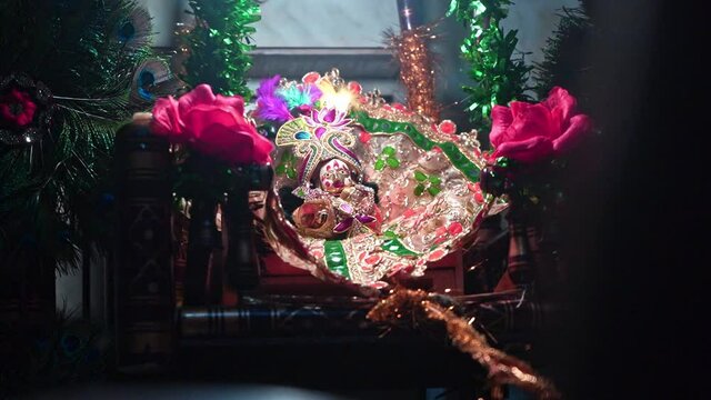 Swinging Bal Gopal Idol During Krishna Janmashtami Festival In India. close up