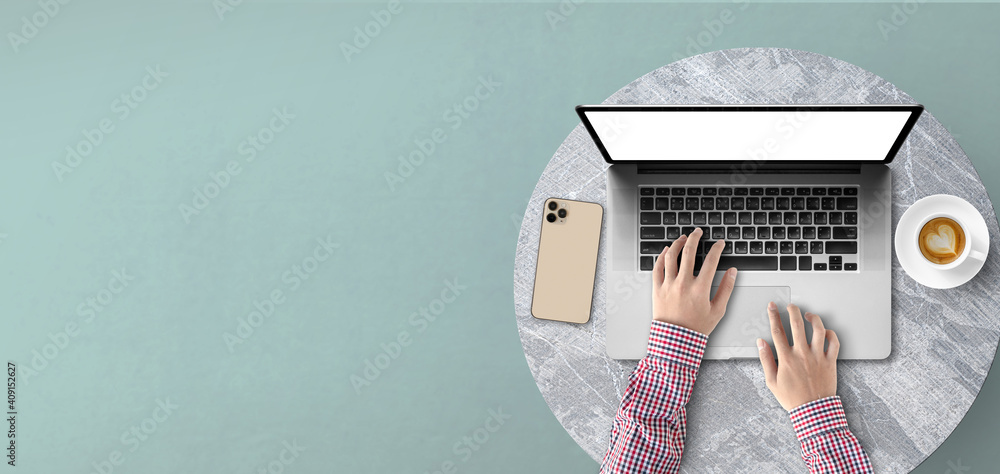 Poster concept work from home, person using a laptop computer with blank screen on table and have coffee, m