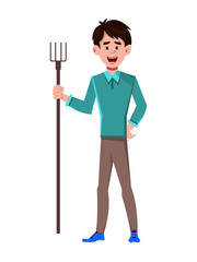 Young man standing with holding agricultural fork