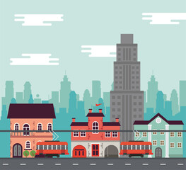 Obraz premium city life megalopolis cityscape scene with buildings and trolley cars