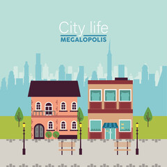 city life megalopolis lettering in cityscape scene with benches and lamps