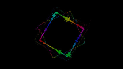 Abstract rectangle spinning spectral wave design on black background vibrating spectrum wave form. Audio spectrum simulation for music futuristic animation