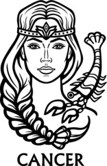 Zodiac sign Cancer. Fantastic princess, animation portrait. Vector monochrome illustration isolated on a white background.
