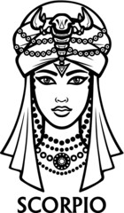 Zodiac sign Scorpio. Fantastic princess, animation portrait. Vector monochrome illustration isolated on a white background.
