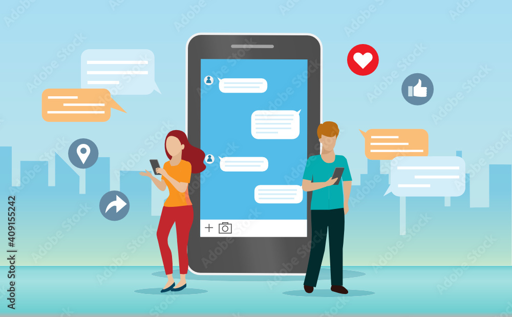 Poster people using chatting application on smartphone for communication. idea for social networking, socia
