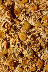 Chamomile dried ready for tee macro background Matricaria chamomilla family asteraceae modern high quality prints