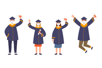 Happy students with flat design celebrating graduation