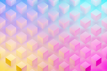 3d illustration of rows of  white cubes under a blue-pink neon color . Parallelogram pattern. Technology geometry  background