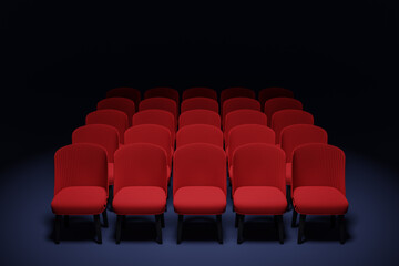 Obraz premium 3D render the same rows of red cartoon soft chairs in the theater. Concept of a beautiful movie theater with chairs