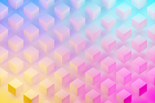 3d illustration of rows of  white cubes under a blue-pink neon color . Parallelogram pattern. Technology geometry  background