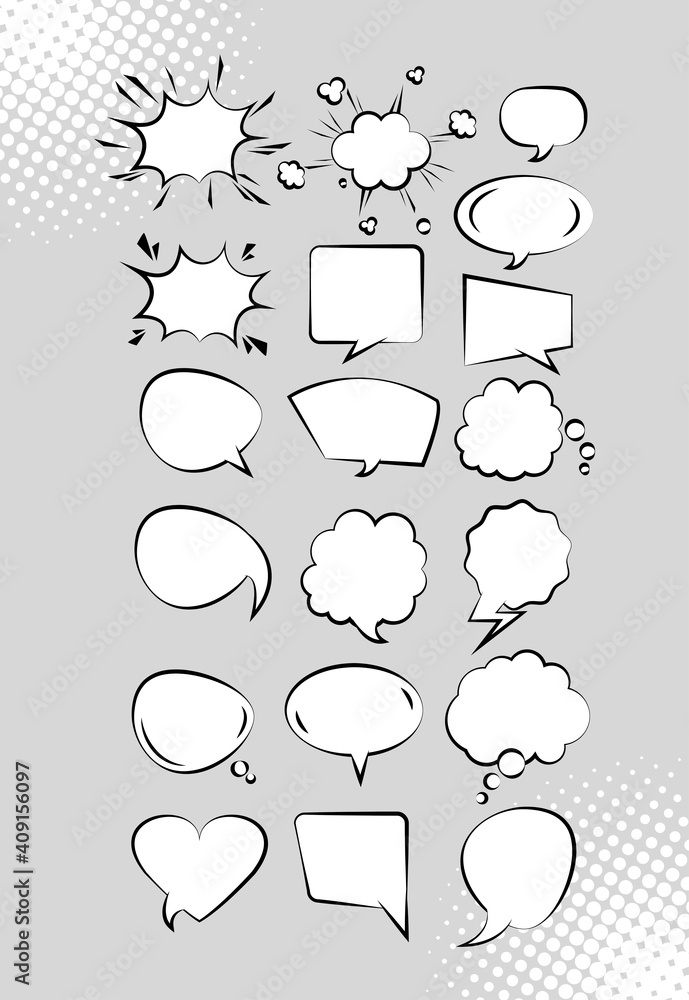 Poster bundle of retro speech bubbles drawn pop art style in gray background