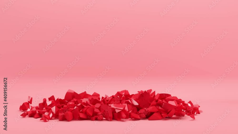 Poster red heart shape broken falling down on red background. 3d animation.