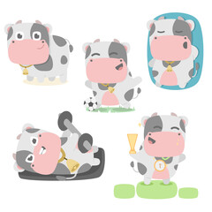 cow character set collection mascot cute animal soccer gym run winner with flat cartoon style