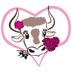 Cute face of a bull with a bouquet of purple roses in its mouth and an aster flower on its head, peeking out of a pink heart. Concept: Expression of tender feeling of love, gift for Valentine Day.