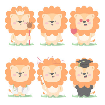 lion character set collection mascot cute animal king in love doctor teacher graduate with flat cartoon style