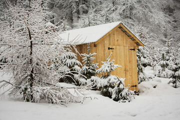 Beautiful wooden houses in a snowy forest during a blizzard. Carpathian mountains.