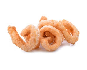 Pork snack or Pork rind leather lean pork fried crispy and blistered isoloated on white background. Thai food, Close-up