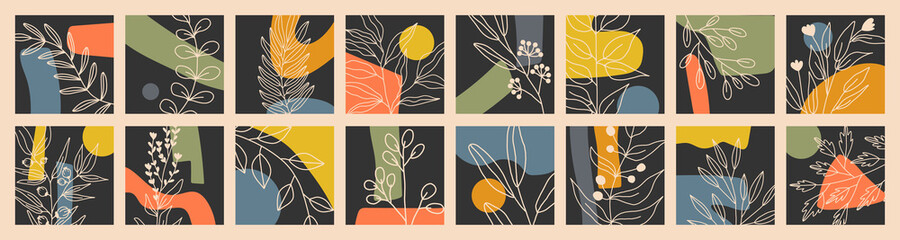 Set of Various Leaves and Flowers, abstract shapes. Line art. Round elements, abstract shapes, lines, floral. Vector stock graphics. Contemporary Hand drawn illustration. Minimalistic style.