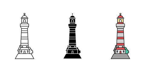 Set of simple flat minimalism lighthouses in three variations. Vector illustration