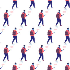 Seamless pattern with guys who chat and type on the phone. Male characters background
