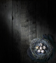 Quail eggs in a nest on a wooden background.