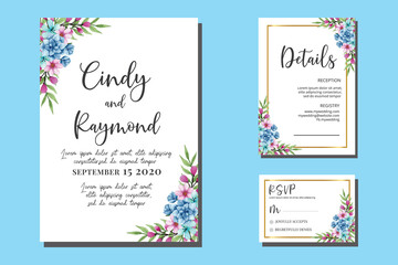 Obraz na płótnie Canvas Wedding invitation frame set, Blue floral watercolor hand drawn Dahlia Flower design Invitation Card Template