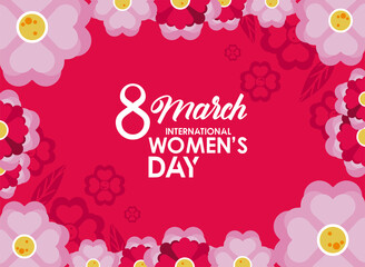 international womens day celebration poster with lilac flowers in pink background