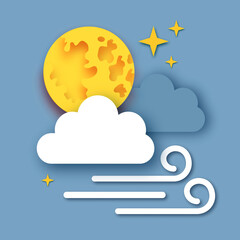 Night sky with Full Moon. Cloudy sky. Windy. Stars. Paper cut Weather.