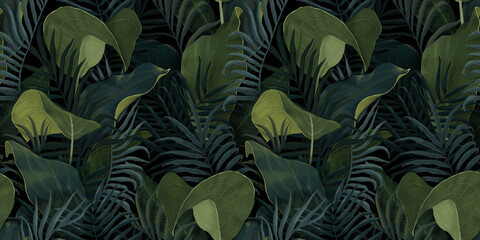 Seamless pattern with tropical leaves palm, colocasia, banana. Hand drawing botanical vintage background. Suitable for making wallpaper, printing on fabric, wrapping paper, fabric, notebook cove