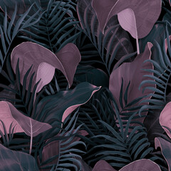 Seamless pattern with tropical leaves palm, colocasia, banana. Hand drawing botanical vintage background. Suitable for making wallpaper, printing on fabric, wrapping paper, fabric, notebook cove