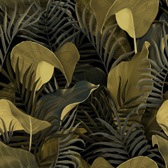 Seamless pattern with tropical leaves palm, colocasia, banana. Hand drawing botanical vintage background. Suitable for making wallpaper, printing on fabric, wrapping paper, fabric, notebook cover
