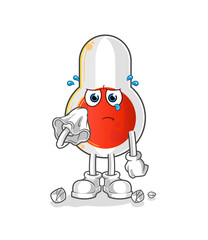 thermometer cry with a tissue. cartoon mascot vector
