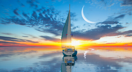 Sailing Yacht from sail regatta on mediterranean sea at sunset - Sailing luxury yacht with white sails in the Sea.