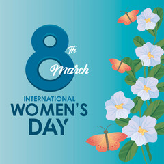 international womens day celebration poster with lettering and butterflies in garden