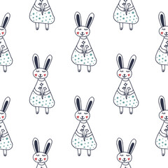Vector seamless festive pattern with Easter bunny. Hand drawn doodles on white background