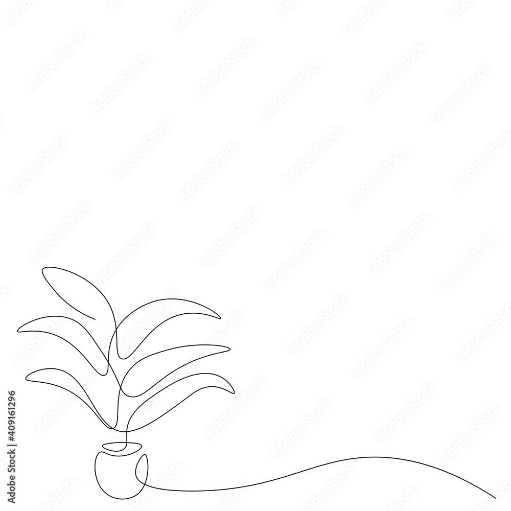 Wall mural Plant in pot on table line drawing, vector illustration