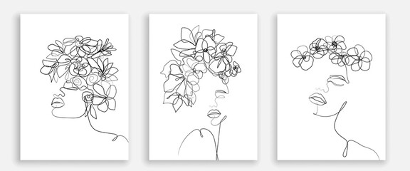 Woman Head with Flowers One Line Drawing Prints Set. Creative Contemporary Abstract Line Drawing. Beauty Fashion Female Faces. Vector Minimalist Design for Wall Art, Print, Card, Poster.