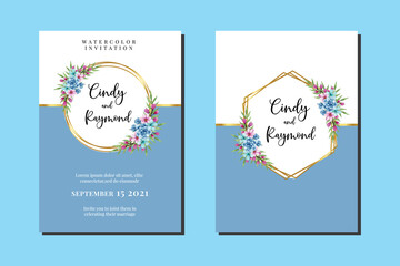 Wedding invitation frame set, Blue floral watercolor hand drawn Dahlia Flower design Invitation Card Template
