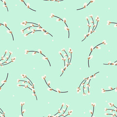  Willow twigs seamless background. Easter spring background with willow. Design for paper, textile, scrapbooking. Vector flat illustration