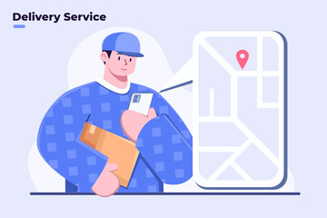 Flat illustration Online Delivery Service, Courier Shipping online order, Courier Checking Customers location with maps in smartphone apps, Parcel Delivery, Shipping process, Delivering Parcel GPS map