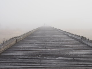濃霧の橋をたたる人影