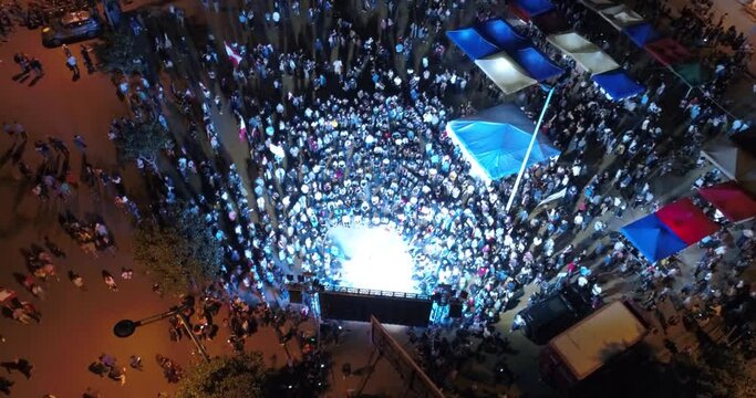 Beirut, Lebanon 2019 : night drone shot in Martyrs' Square,  where the people are having a discussion about the political and economical crisis during the Lebanese revolution