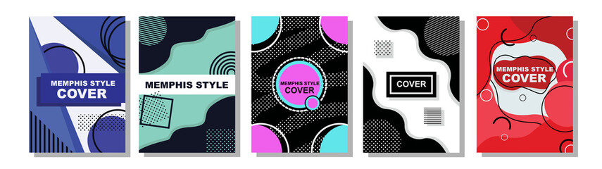 Set of Memphis Style Covers. Flat Vector Illustrations for Background, Brochures, Posters and Banners.
