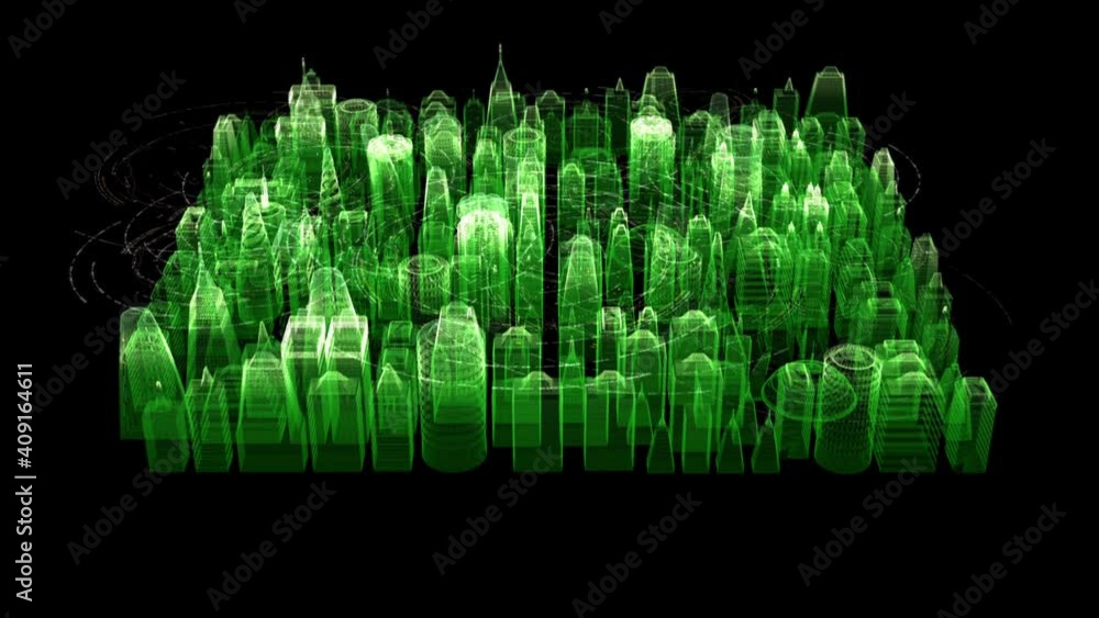 Aufkleber Futuristic digitally generated 3d holographic city in 360 degree rotation with hi-light scanning and 5G communication signals for head up display and user interface design