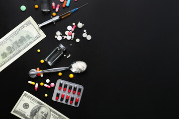 Syringe, drugs and money on dark background