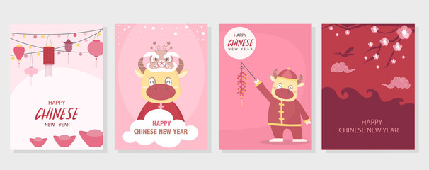 Chinese New Year 2021, the year of the cow,Little asian,cute cards, poster, template, greeting cards, Vector illustrations.